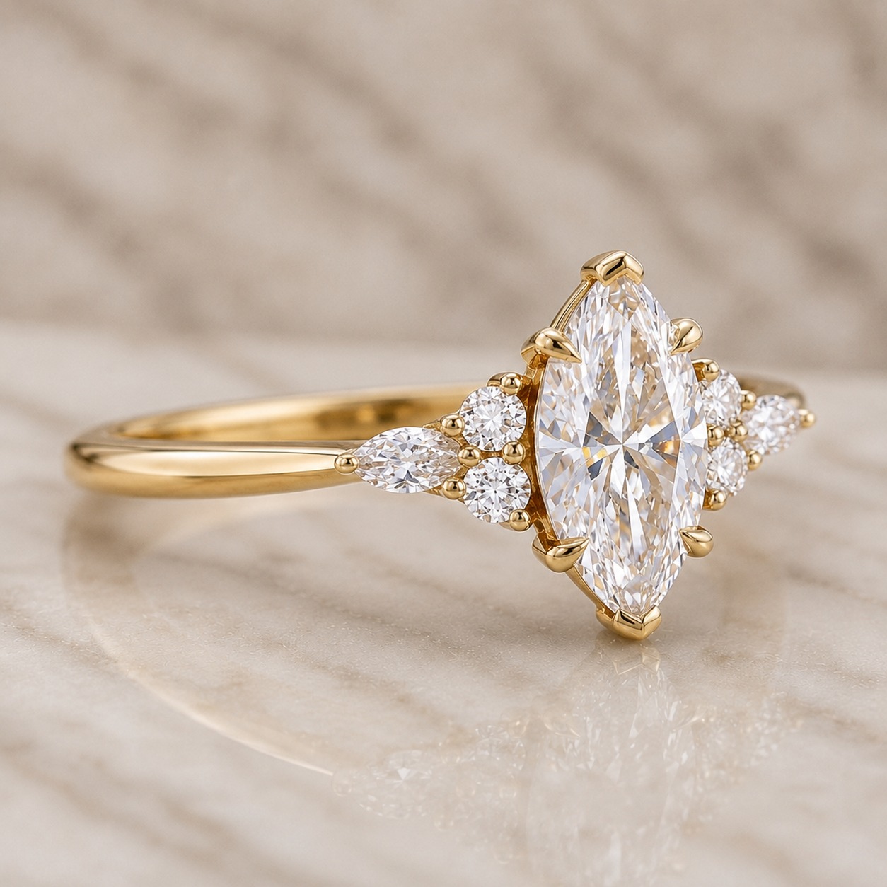 Marquise Lab Grown Diamond Engagement Ring Side Stone 14K White Gold 1 Carat Center Stone