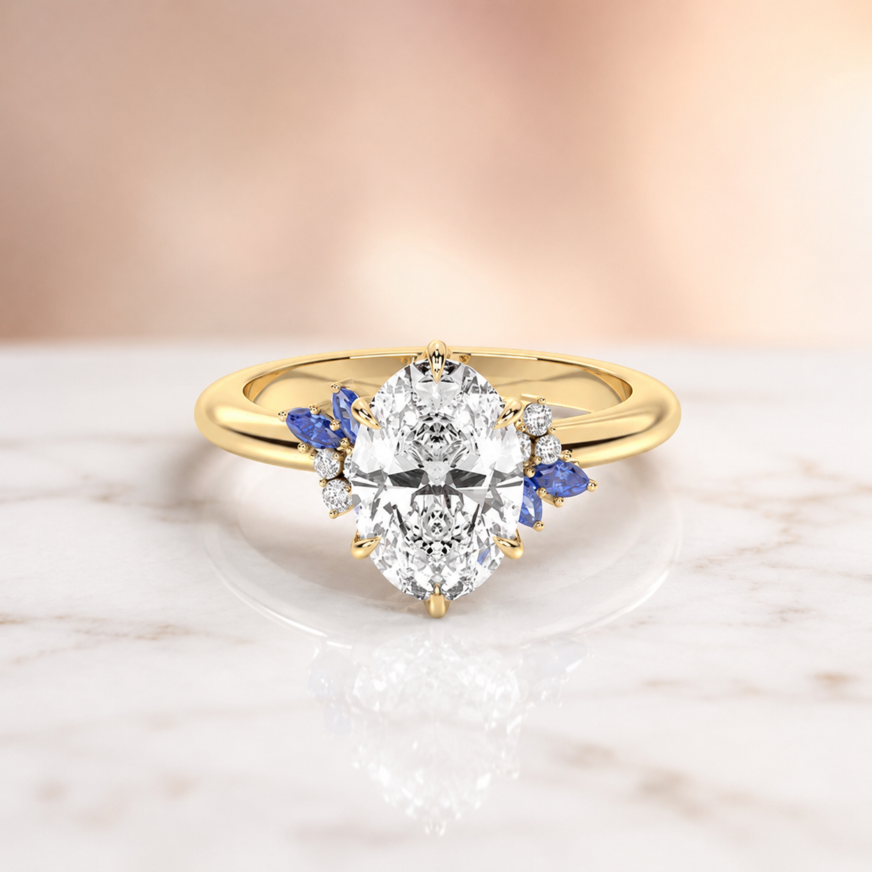 Oval Lab Grown Diamond Engagement Ring – Floral Sapphire Setting, IGI Certified — alternate view