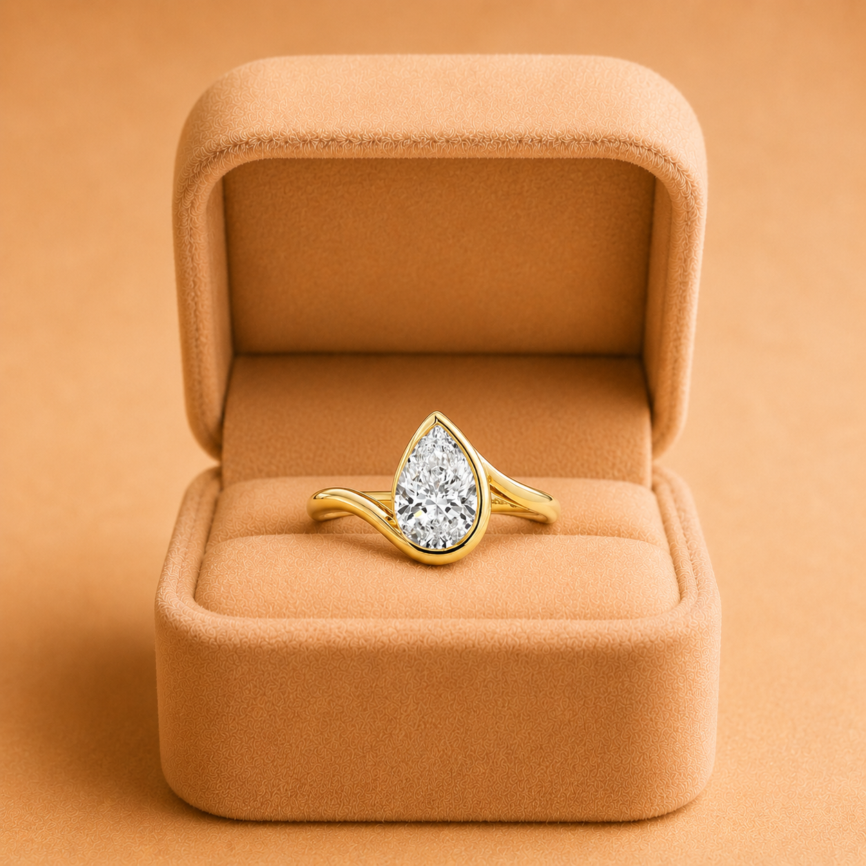 Pear Lab Grown Diamond Engagement Ring Bezel Solitaire Split Shank Twist 14K Yellow Gold IGI Certified 2 Carat