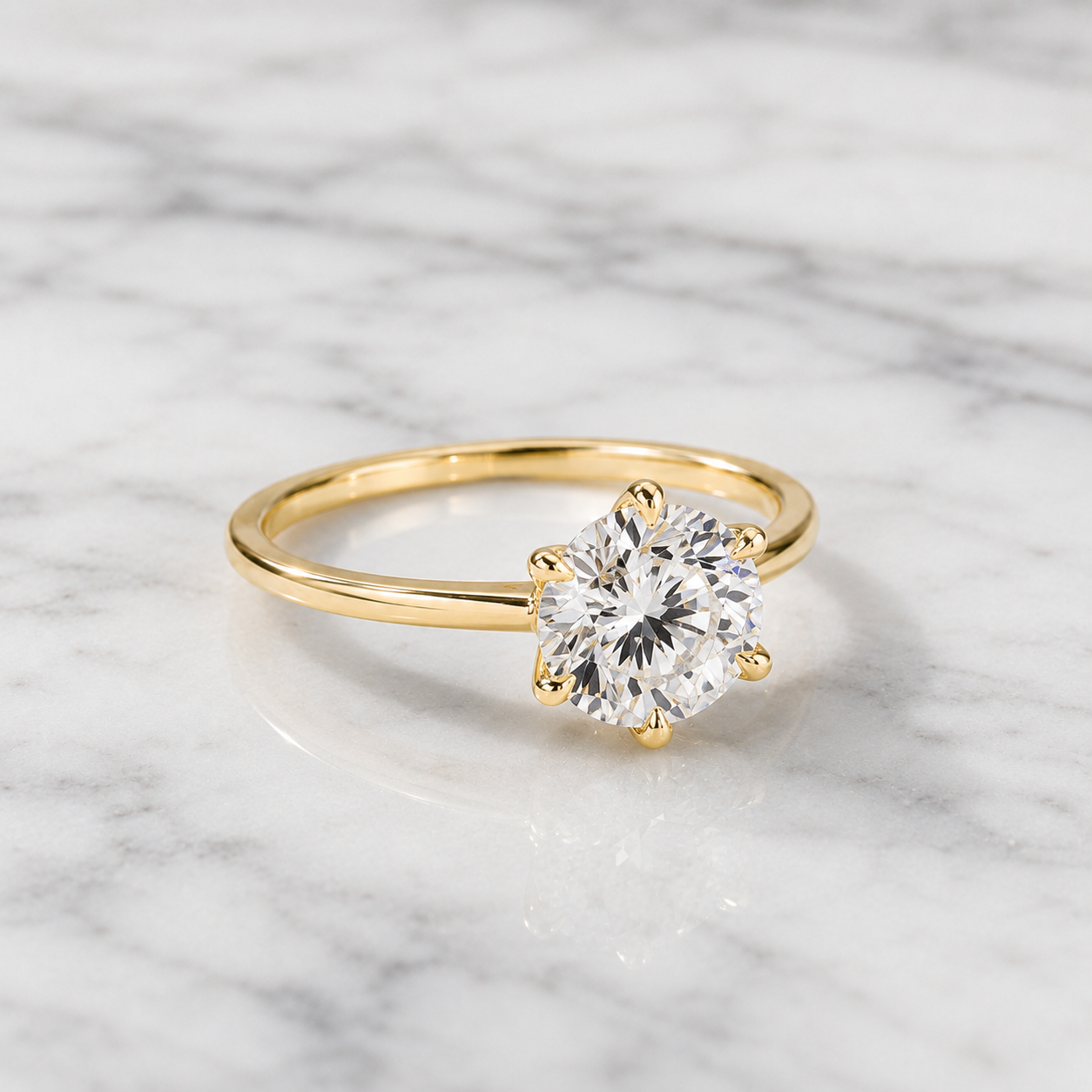 Round Lab Grown Diamond Engagement Ring – Petal Prong Solitaire 14K Gold – Lotus Crown Setting