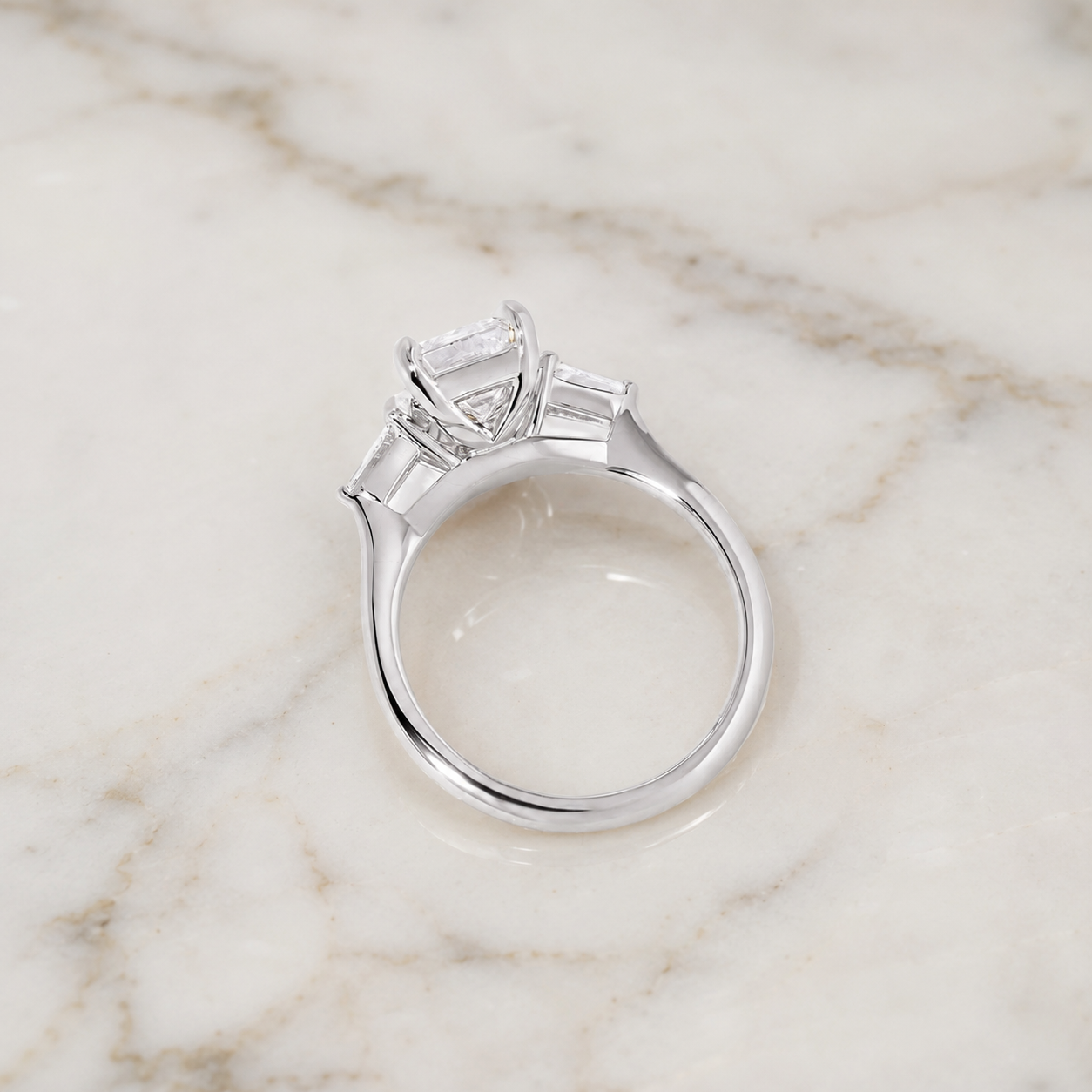 Emerald Cut Lab Grown Diamond Engagement Ring Three Stone 14K White Gold Tapered Baguette, E VVS2
