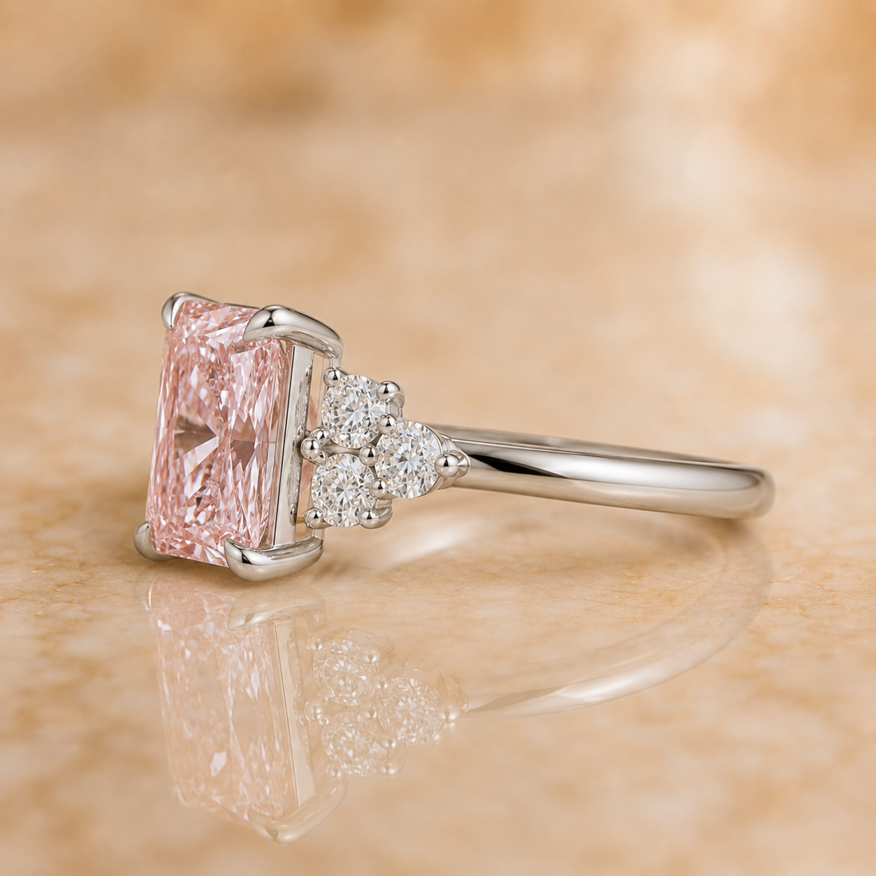 Fancy Vivid Pink Radiant Lab Grown Diamond Engagement Ring Three Stone 18K White Gold IGI Certified 3.30 Carat