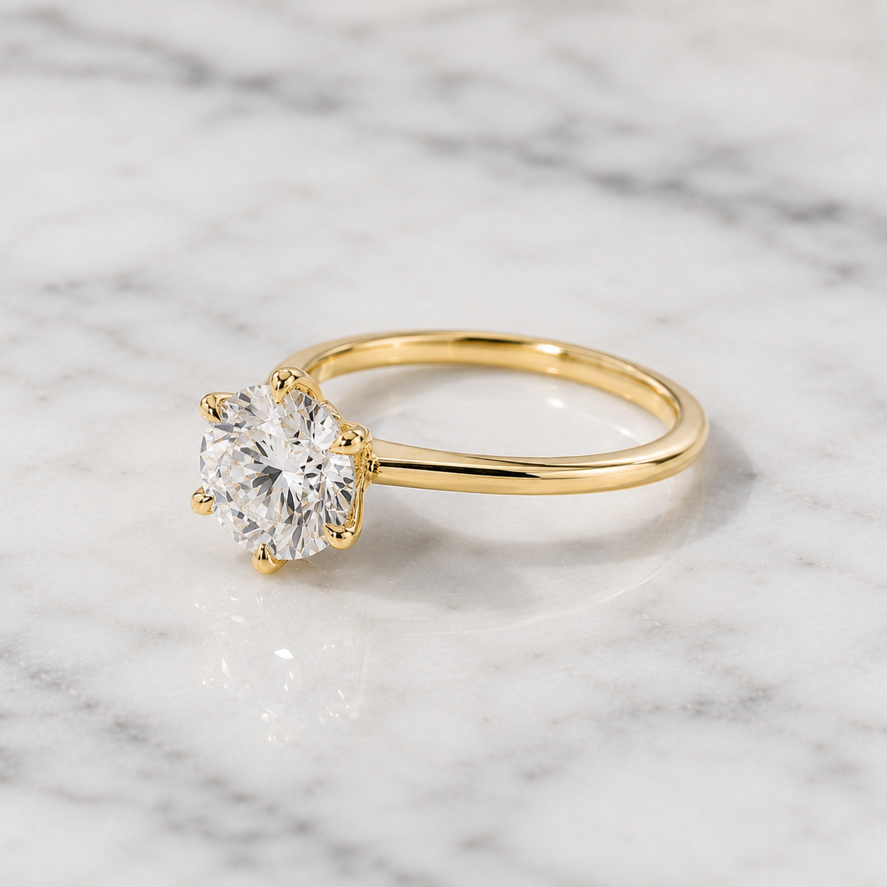 Round Lab Grown Diamond Engagement Ring – Petal Prong Solitaire 14K Gold – Lotus Crown Setting