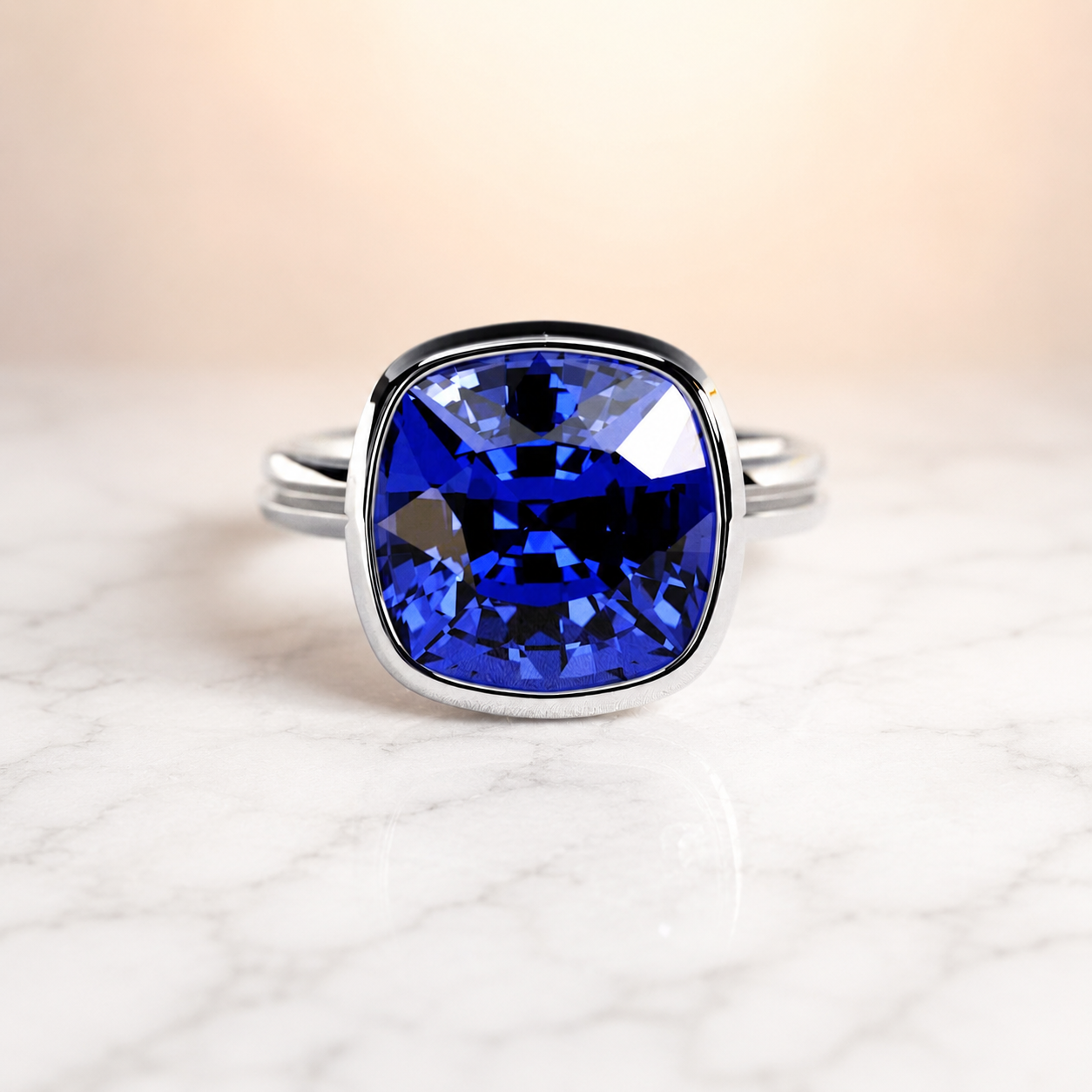 4 Carat Cushion Lab Grown Blue Sapphire Ring – 14K Gold Bezel Solitaire — alternate view