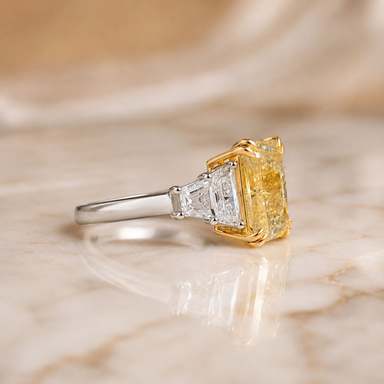 Canary Yellow Radiant Engagement Ring Five Stone 14K Yellow Gold –VVS2 Trapezoid Baguette Sides