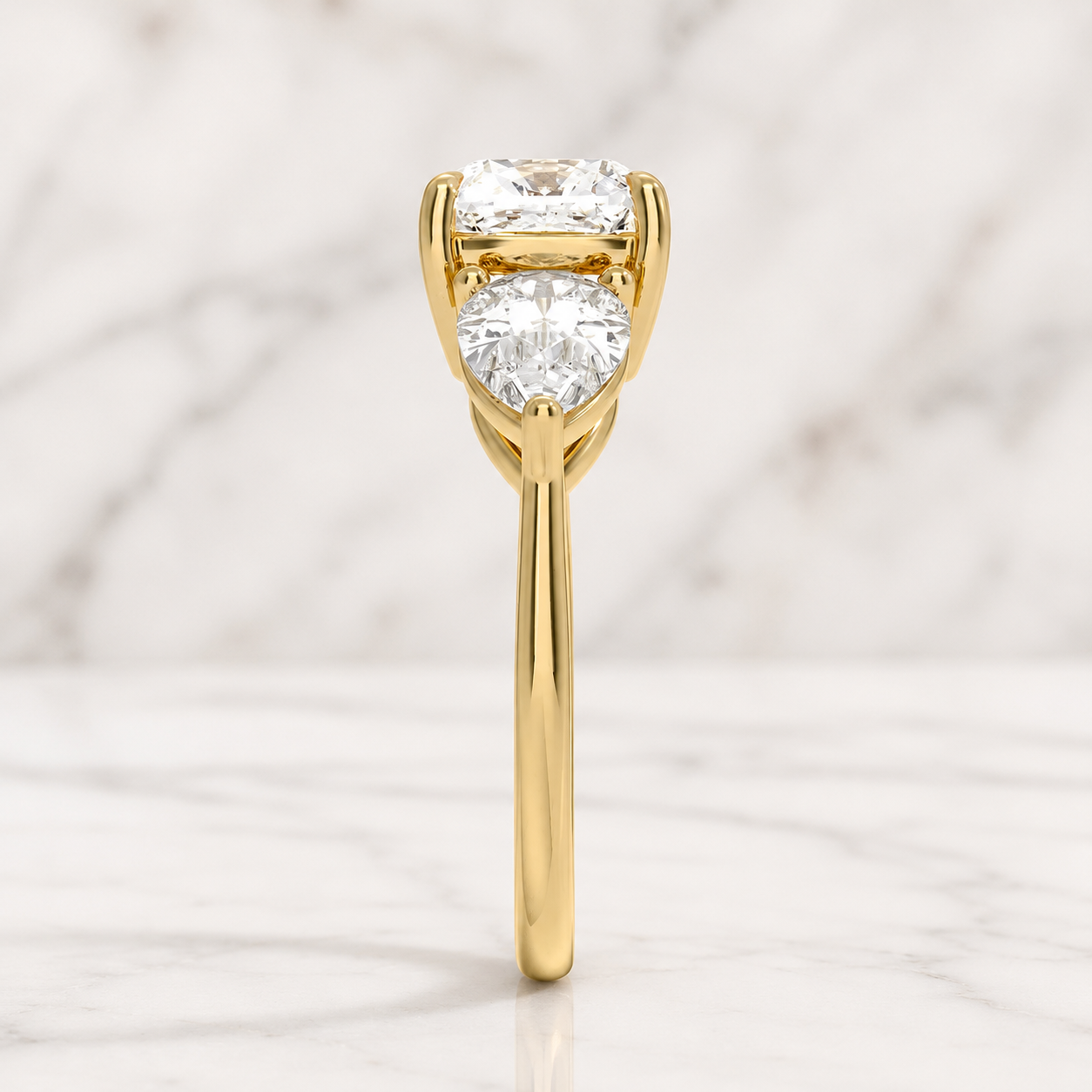 Cushion Lab Grown Diamond Engagement Ring Three Stone 14K Yellow Gold Pear Side Stones 1.3 Carat