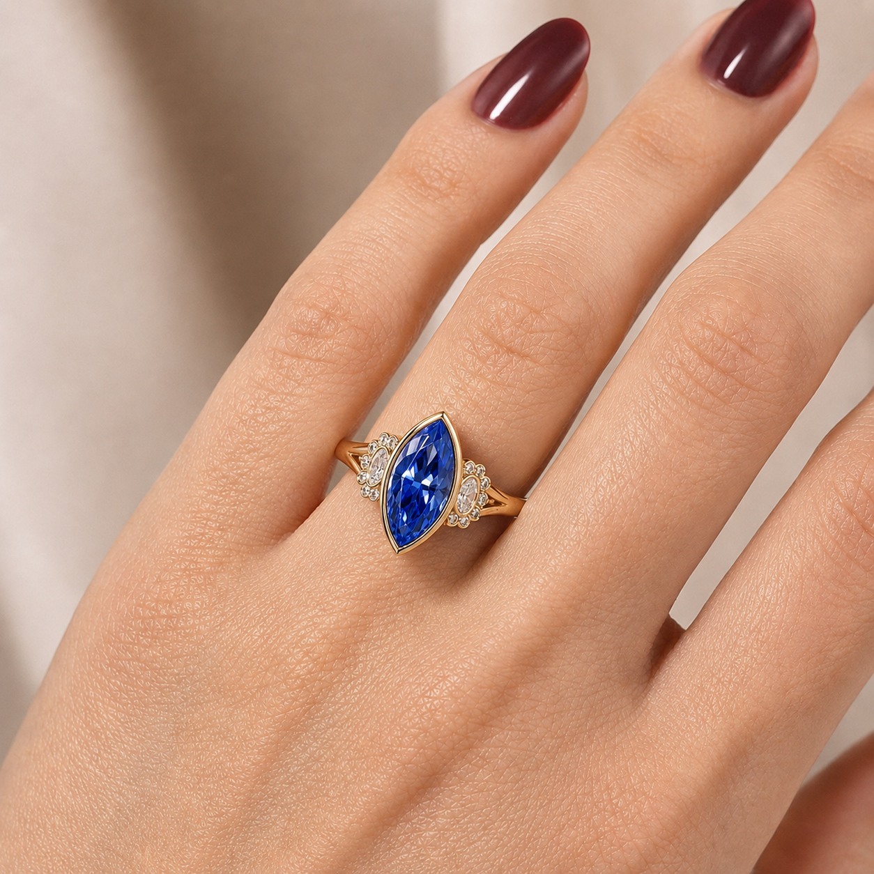 4Ct Marquise Lab Grown Blue Sapphire Ring Diamond Halo 14K Gold Bezel Set