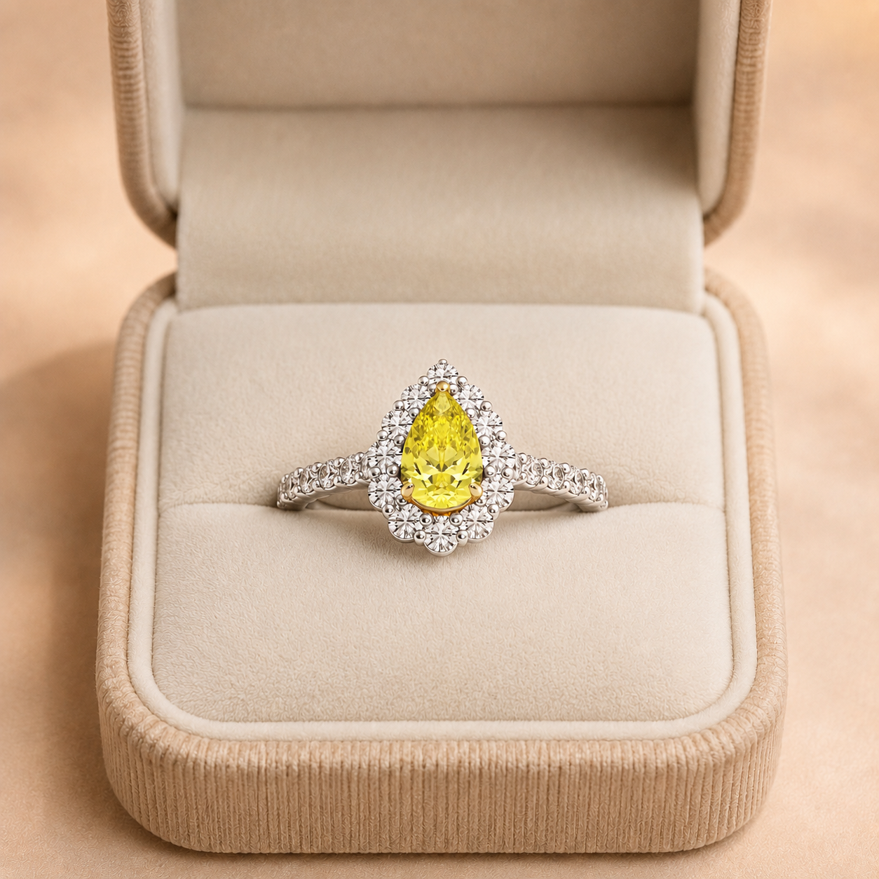 Yellow Pear Lab Grown Diamond Engagement Ring Halo 14K Two-Tone Gold Pavé Shank, 1.95ctw