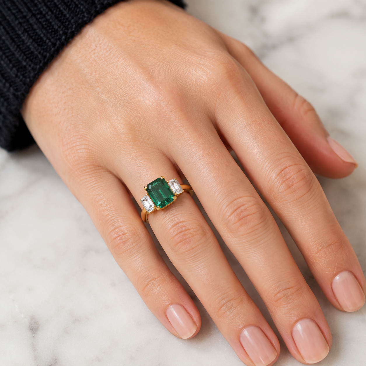 Emerald Cut Lab Grown Diamond Three Stone Ring Green Emerald Center 14K Yellow Gold VVS2 Colorless Sides