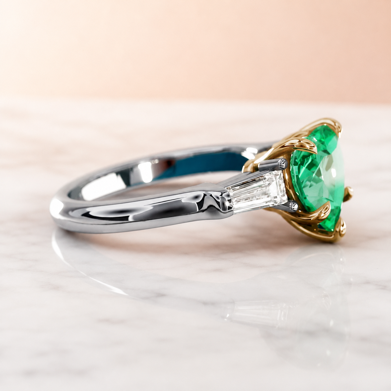 Heart Lab Grown Emerald Engagement Ring Three Stone Baguette 14K Two-Tone Gold – 2 Carat IGI