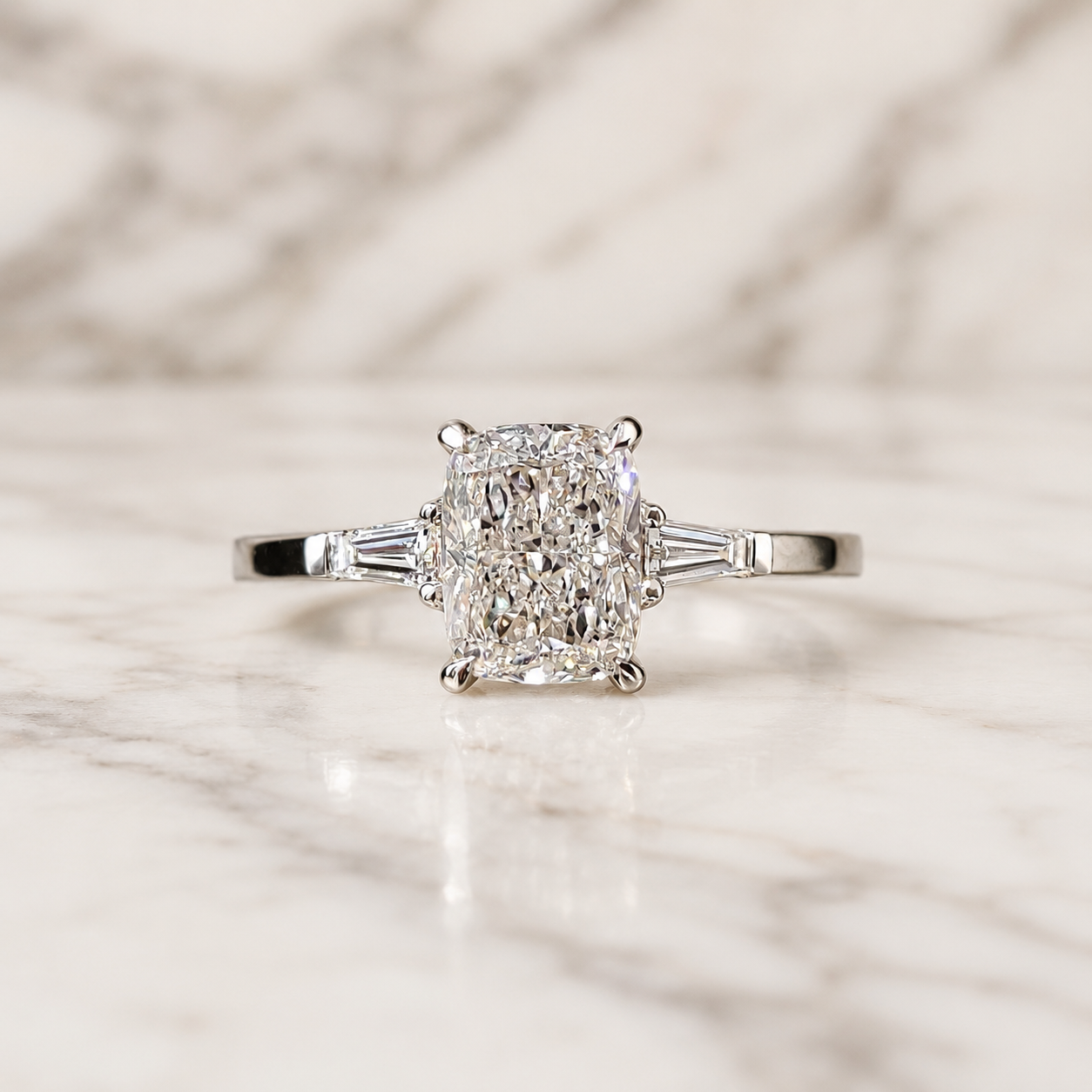 Cushion Lab Grown Diamond Engagement Ring Three Stone 14K White Gold Tapered Baguette 2 Carat