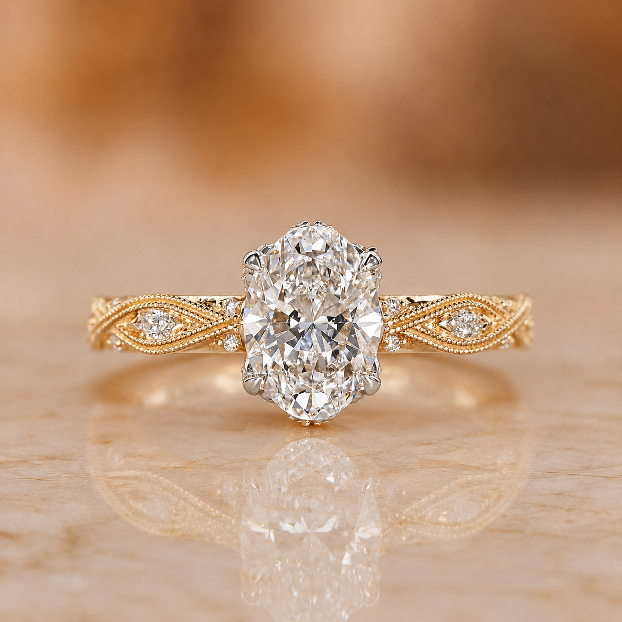 4ct Oval Lab Grown Diamond Engagement Ring – 14K Gold Vintage Halo