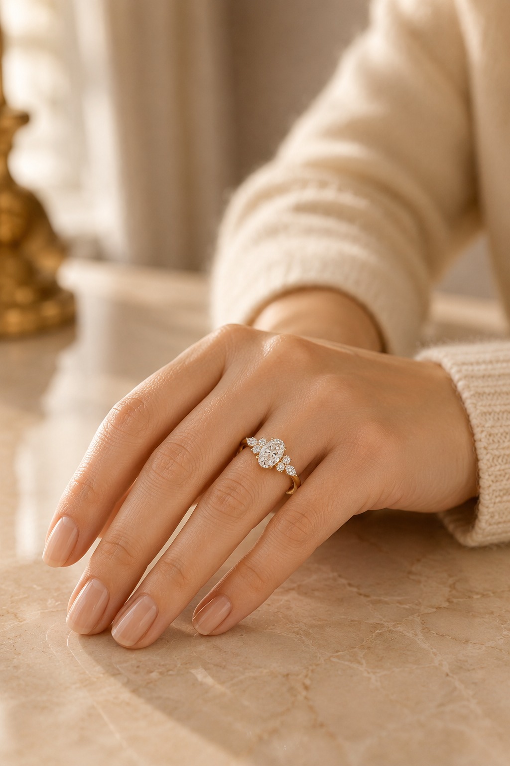 Oval Lab Grown Diamond Engagement Ring – Cluster 14K Yellow Gold – 0.90 ctw E VVS2