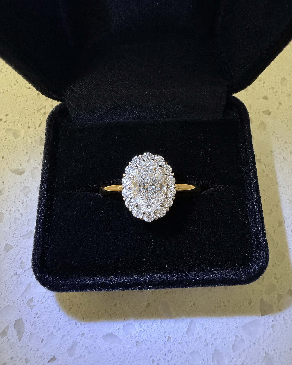 Oval Lab Grown Diamond Halo Engagement Ring Cathedral 14K Yellow Gold IGI Certified 2 Carat E VVS2