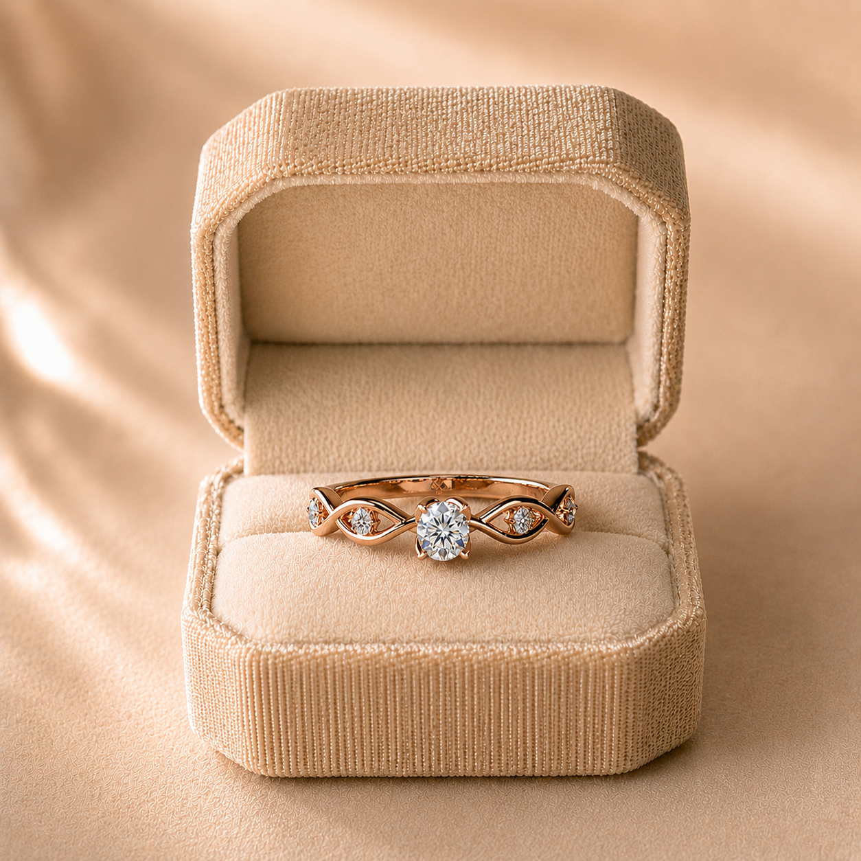Round Lab Grown Diamond Engagement Ring Twisted Shank Solitaire 14K Rose Gold VVS2 E Side Stones