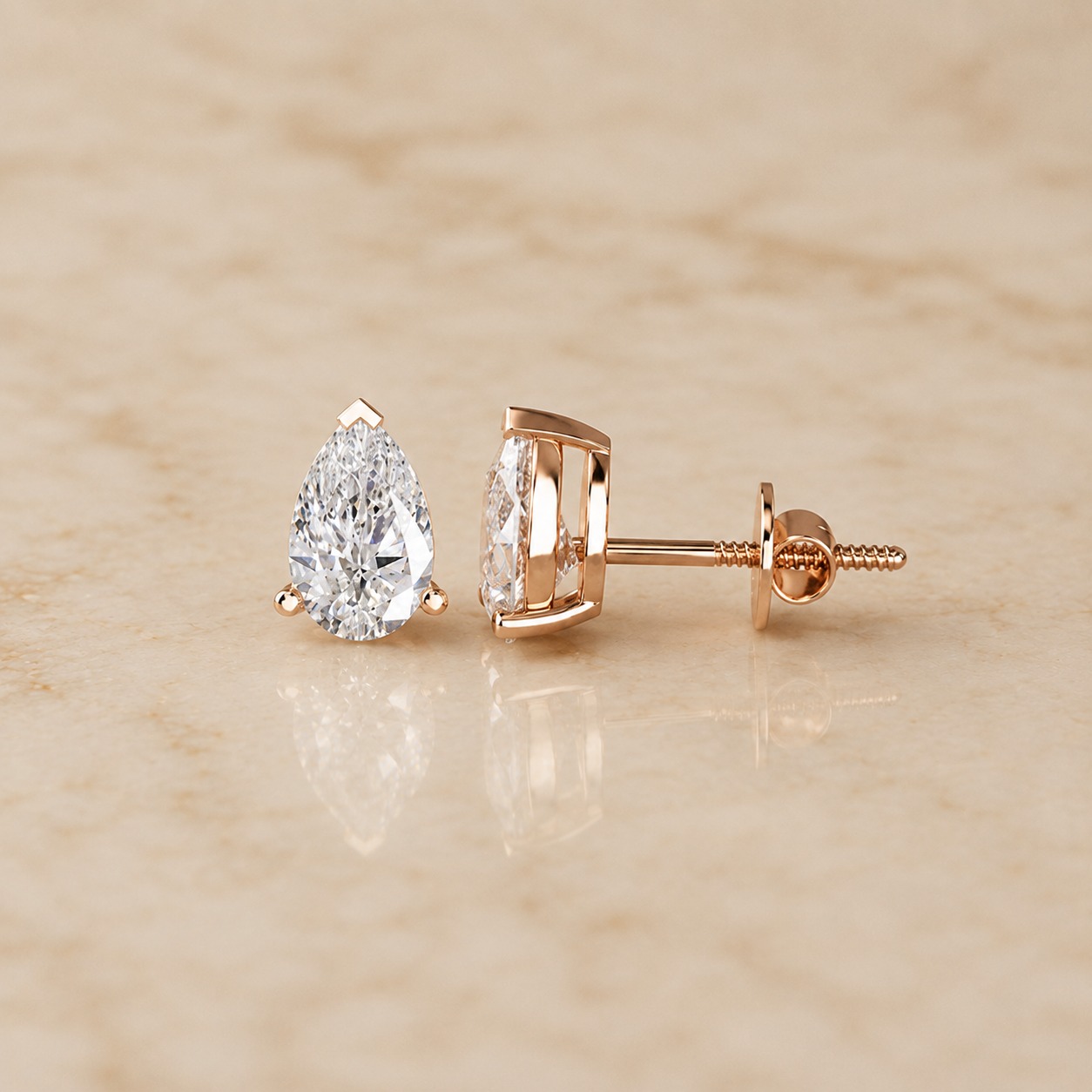 Pear Lab Grown Diamond Stud Earrings Three Prong 14K Rose Gold IGI Certified 2 Carat