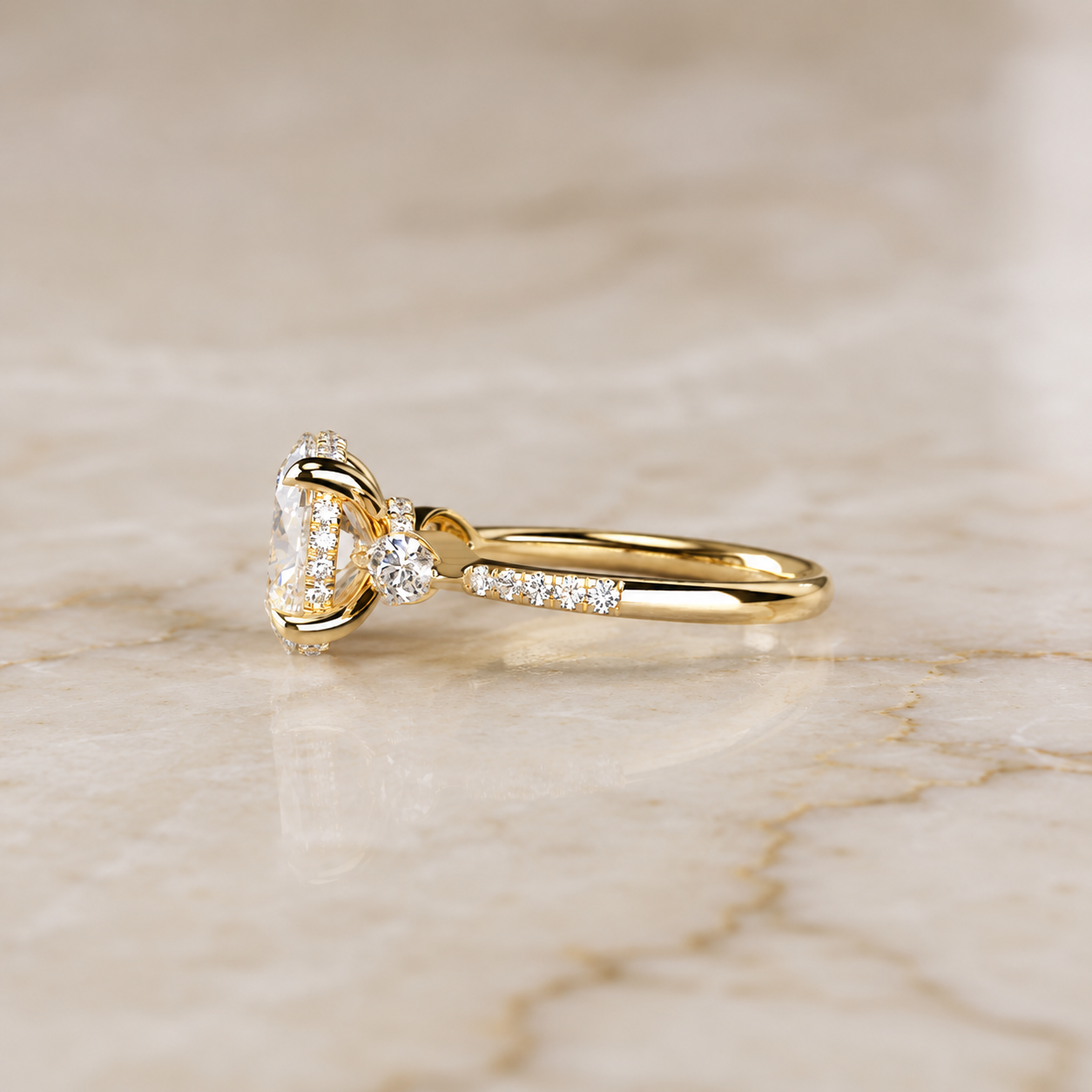 Oval Lab Grown Diamond Engagement Ring Marquise Side Stone Pavé 14K Yellow Gold IGI Certified 2ct