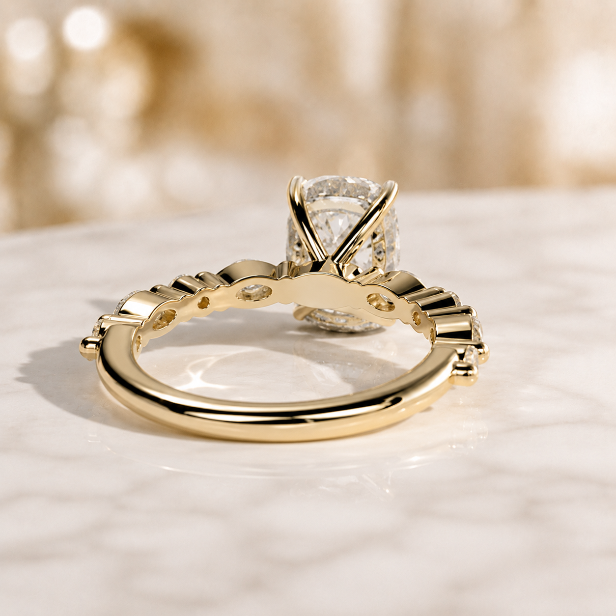 Cushion Lab Grown Diamond Engagement Ring Hidden Halo 18K Yellow Gold Elongated Claw Solitaire 2 Carat