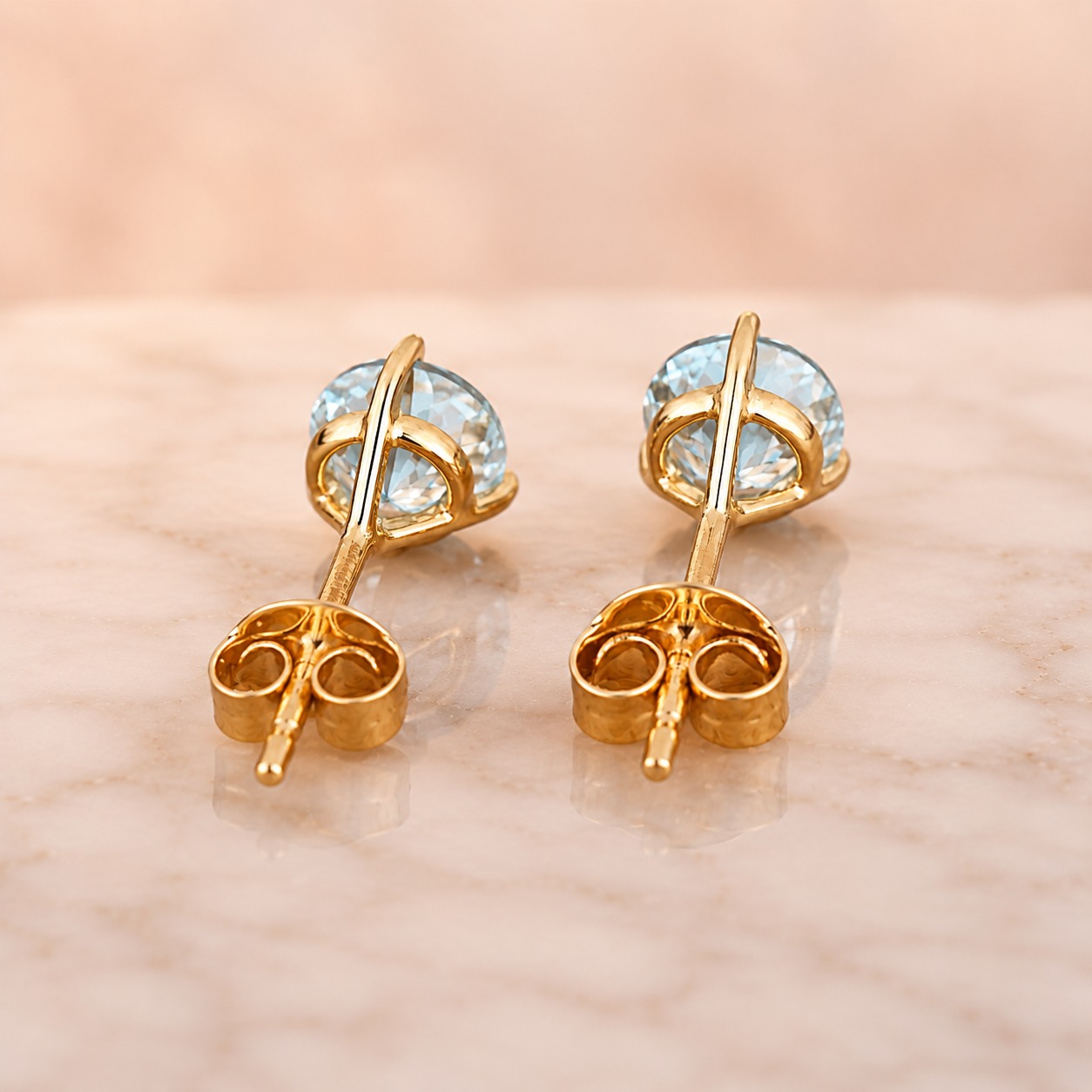Round Aquamarine Stud Earrings – 3-Prong 14K Yellow Gold – 1.33 Cttw Push Back