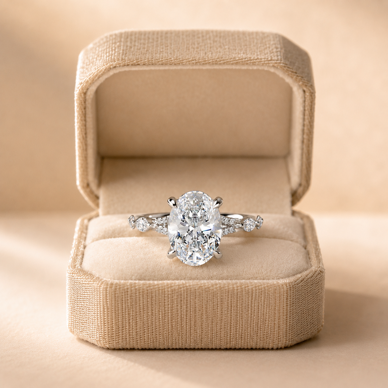 Oval Lab Grown Diamond Engagement Ring Marquise & Round Side Stones 14K White Gold E VVS2 1Ct Center