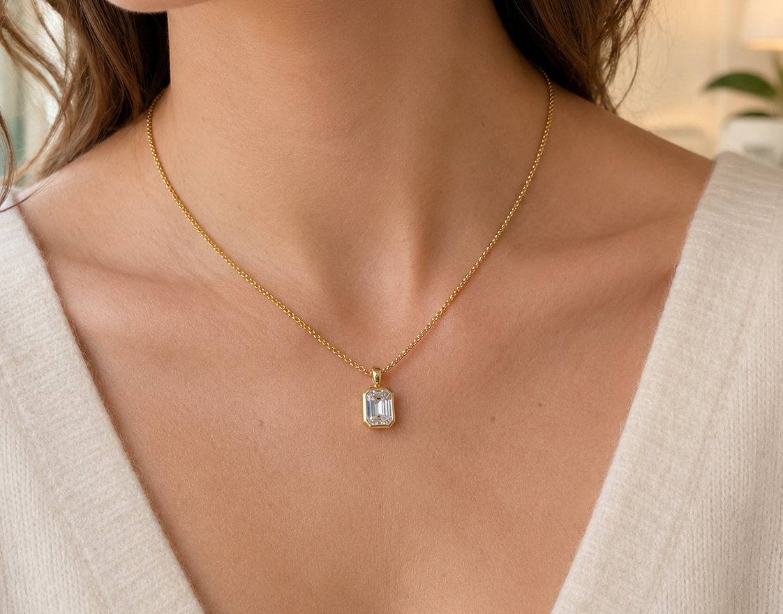 Emerald Cut Lab Grown Diamond Bezel Pendant Necklace – Solitaire 14K Yellow Gold – Curb Chain