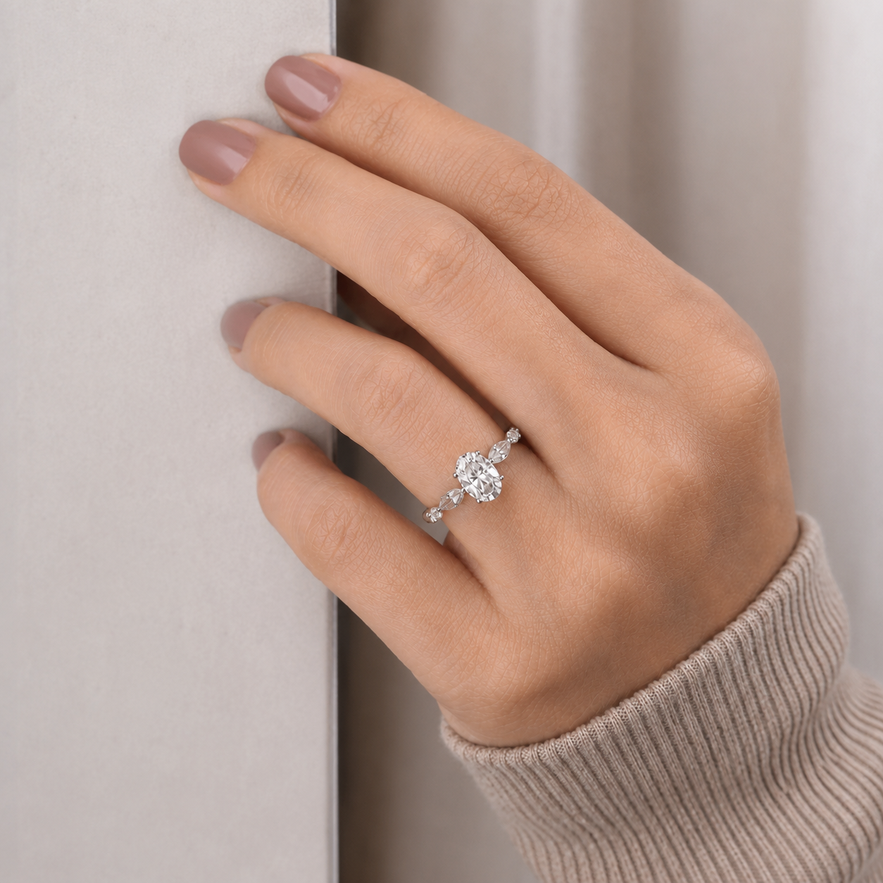 Oval Lab Grown Diamond Engagement Ring Marquise Accent 14K White Gold IGI Certified 2.00 Carat E VVS2