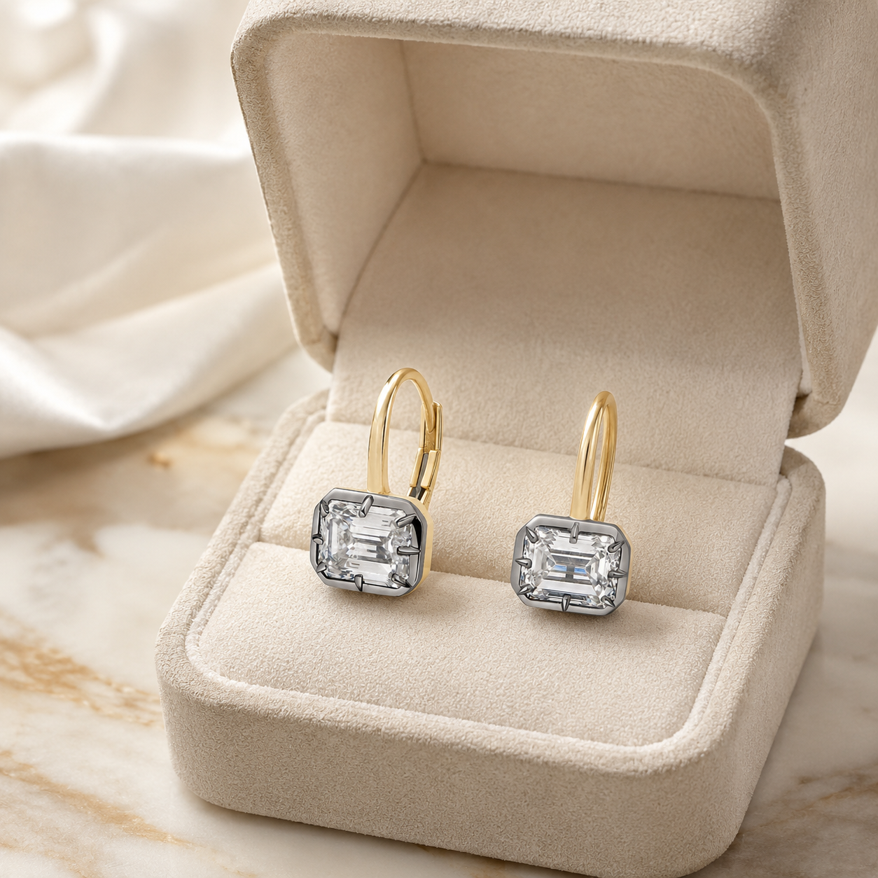 Emerald Cut Lab Grown Diamond Drop Earrings Bezel Set 14K Yellow Gold 2ct Lever Back