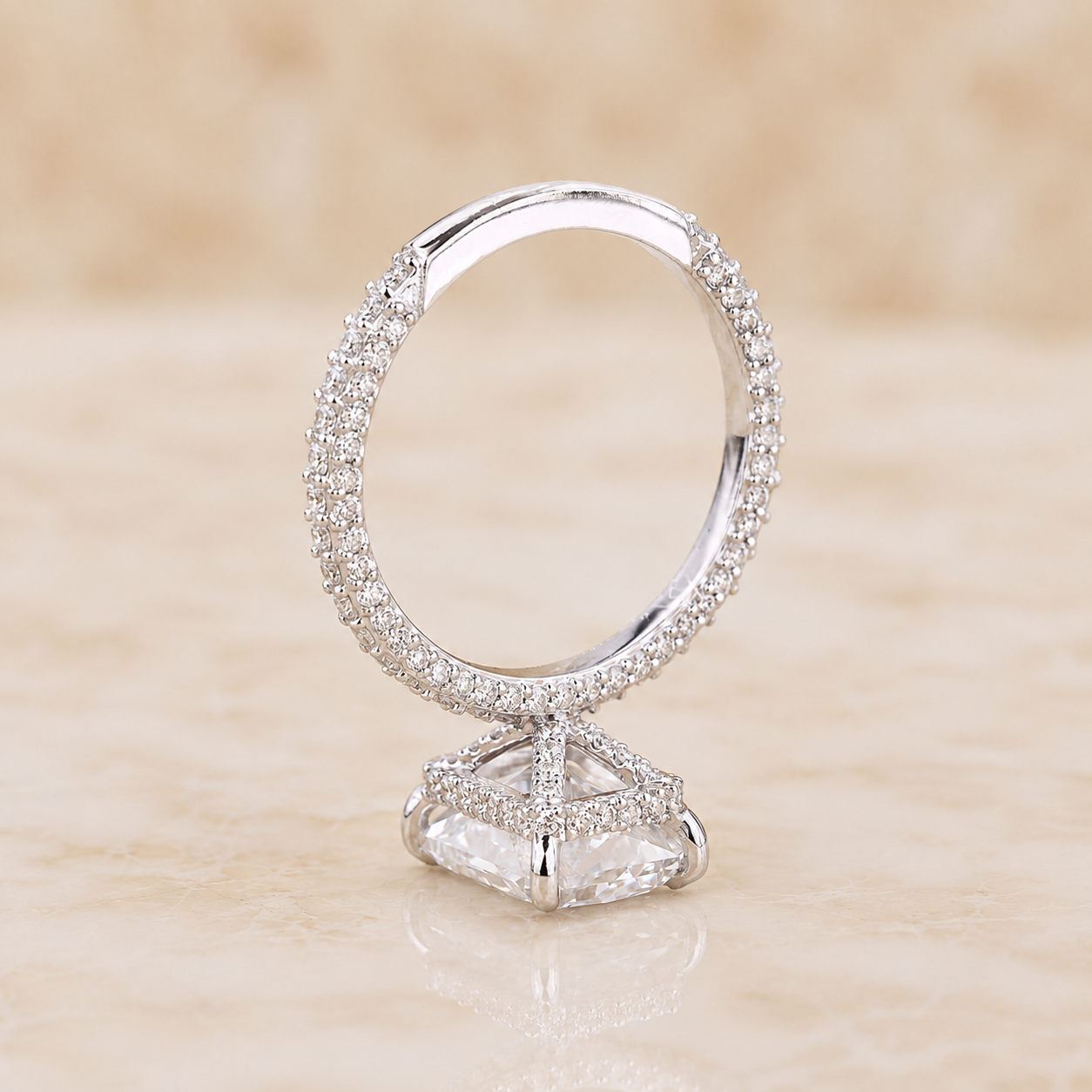 Radiant Lab Grown Diamond Engagement Ring Three-Sided Pavé Platinum IGI Certified 3.20 Carat