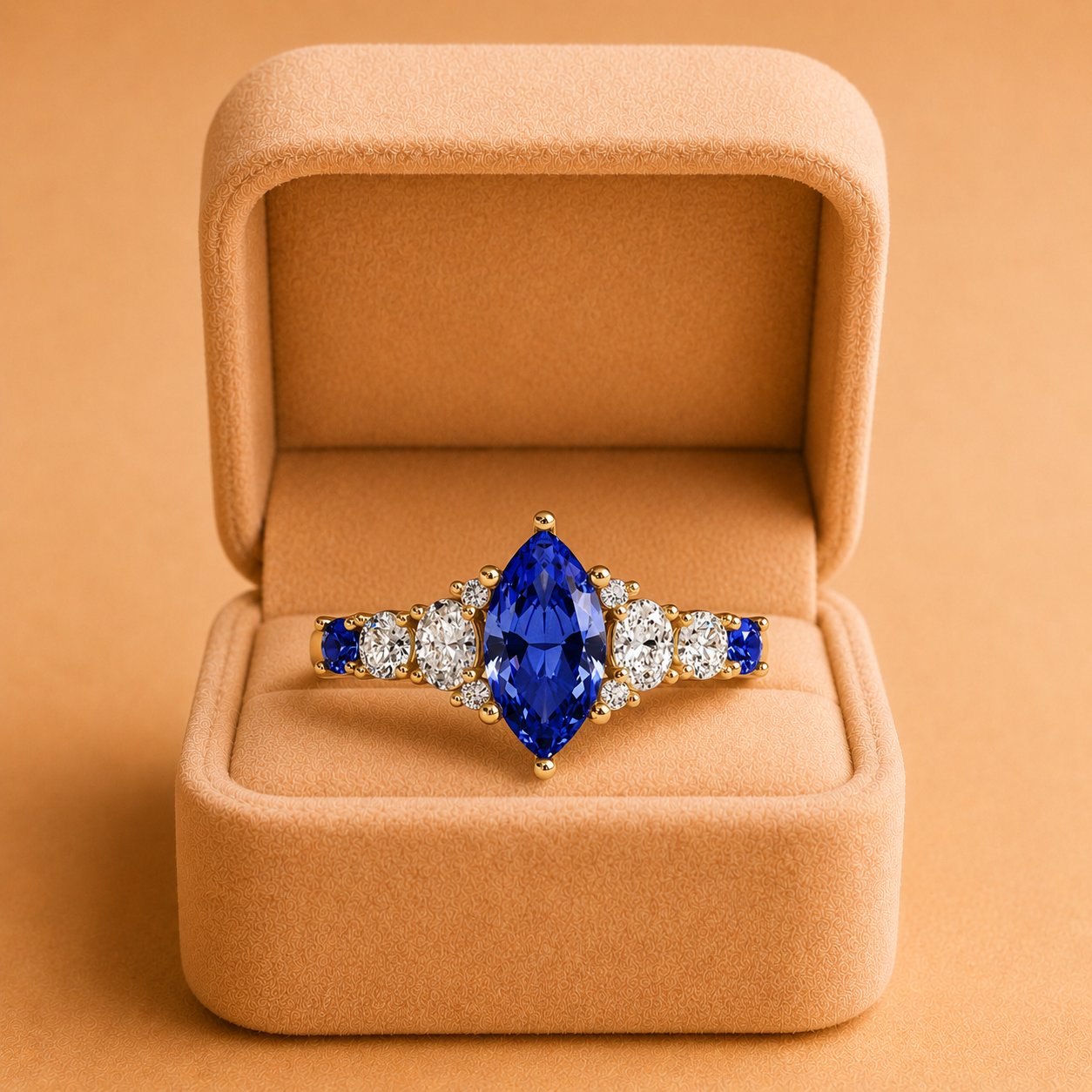 Marquise Lab Grown Blue Sapphire Engagement Ring Diamond Accent Band 14K Yellow Gold IGI Certified