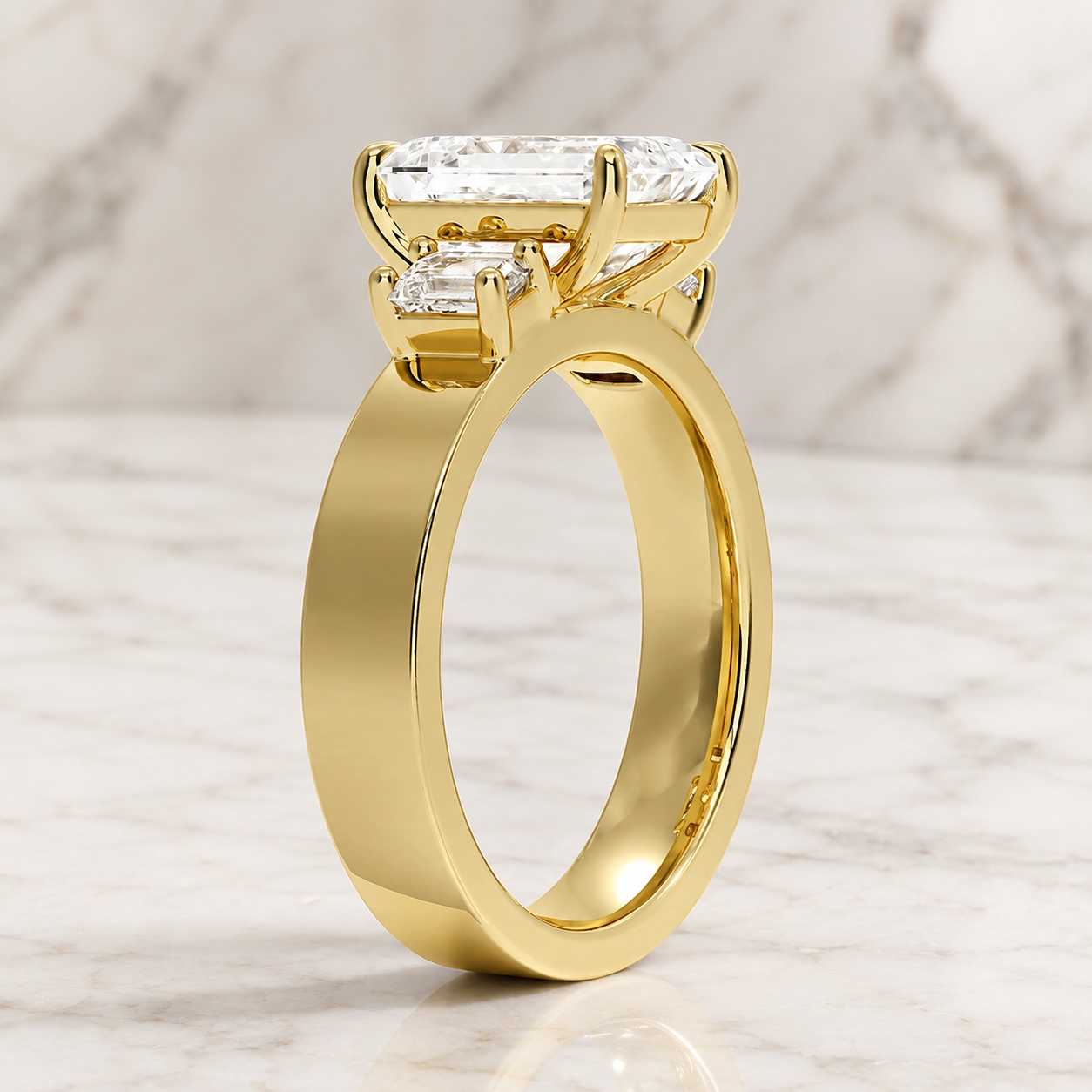 Emerald Cut Lab Grown Diamond Engagement Ring Three Stone 14K Yellow Gold