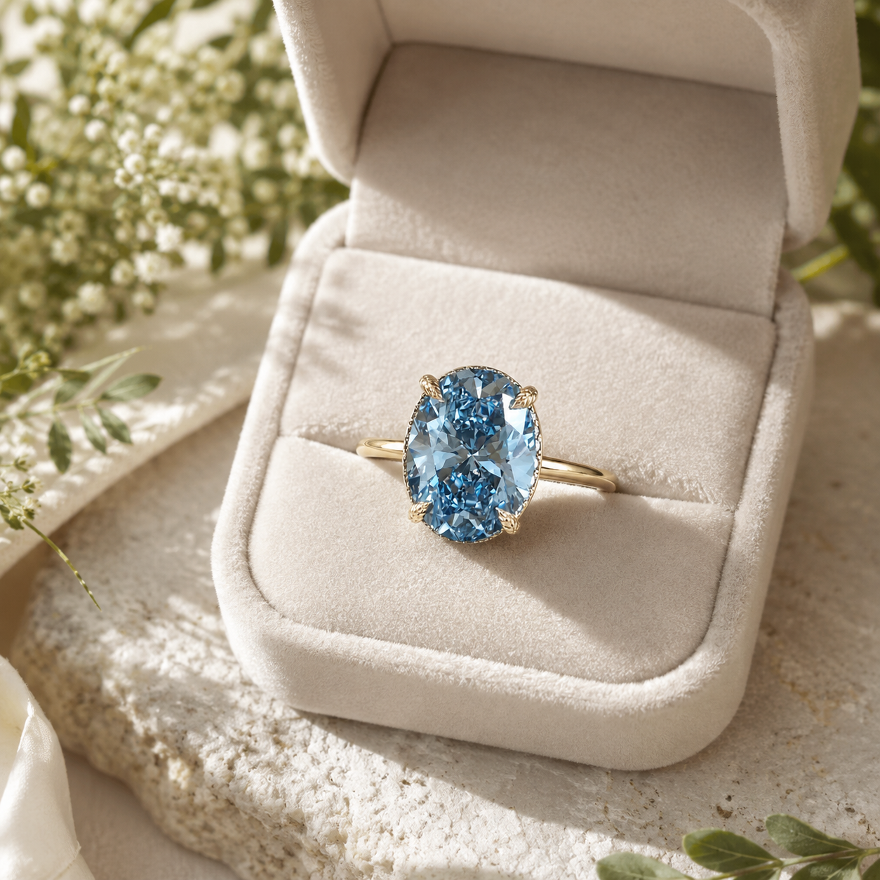Blue Oval Lab Grown Diamond Engagement Ring Hidden Halo 14K White Gold 2 Carat VVS2 Fancy Color