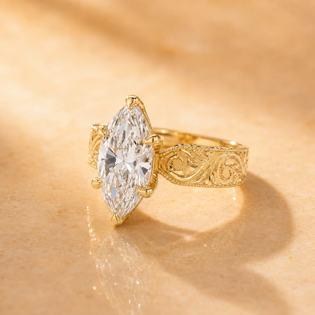 Marquise Lab Grown Diamond Engagement Ring Hand-Engraved Solitaire 14K Yellow Gold – IGI Certified 3.02 Carat E VVS2