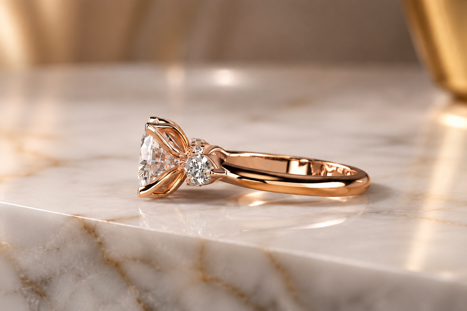 Round Lab Grown Diamond Engagement Ring Three Stone 14K Rose Gold – Floral Prong Setting