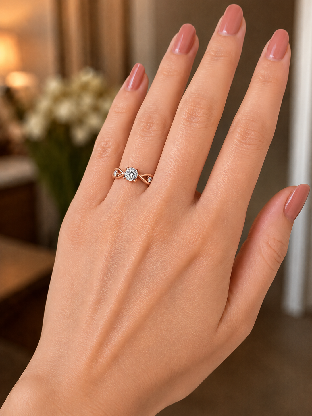 Round Lab Grown Diamond Engagement Ring Twisted Shank Solitaire 14K Rose Gold VVS2 E Side Stones