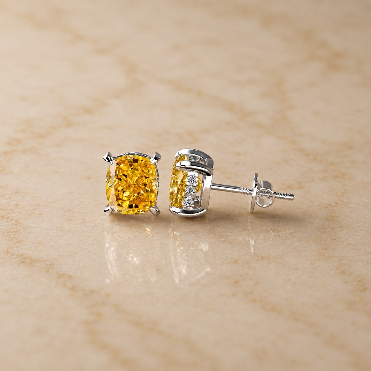 Yellow Cushion Lab Grown Diamond Stud Earrings Hidden Halo 14K White Gold IGI Certified 3.5 Carat