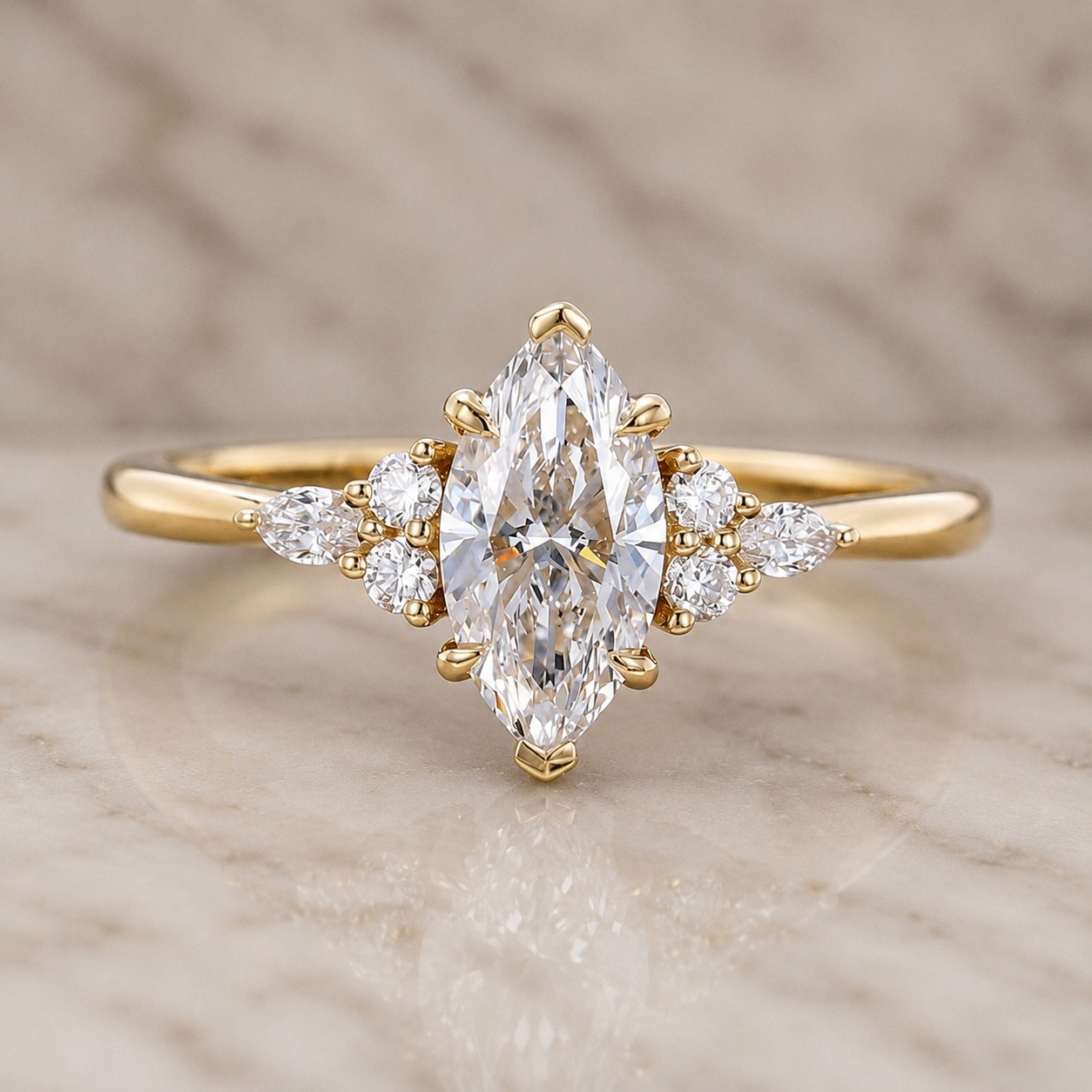 Marquise Lab Grown Diamond Engagement Ring Side Stone 14K White Gold 1 Carat Center Stone