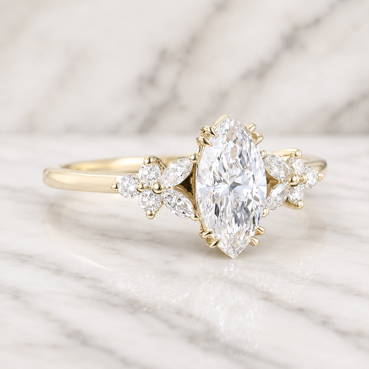 Marquise Lab Grown Diamond Engagement Ring Nature-Inspired Blossom Solitaire 1 Carat Center