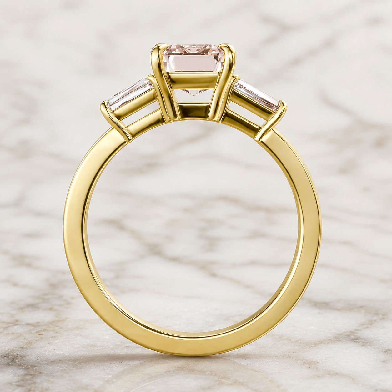 Pink Emerald Cut Lab Grown Diamond Engagement Ring Three Stone Tapered Baguette 14K Yellow Gold IGI Certified