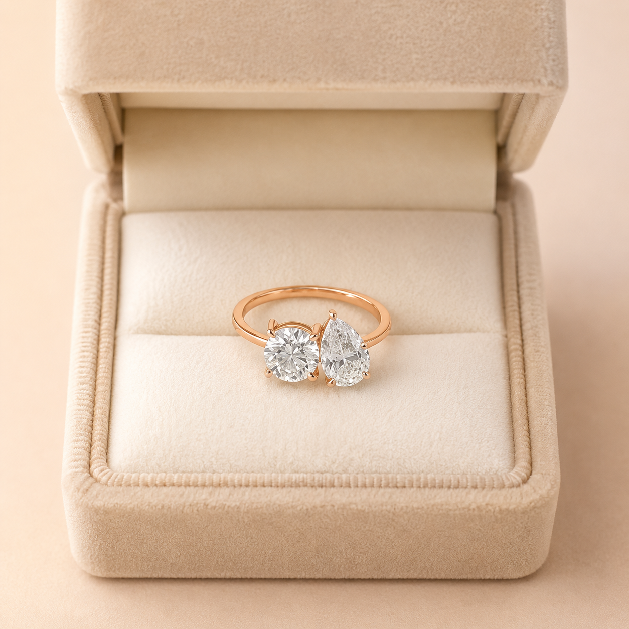 Round & Pear Lab Grown Diamond Toi et Moi Ring Two Stone 14K Rose Gold 2 Carat E VVS2