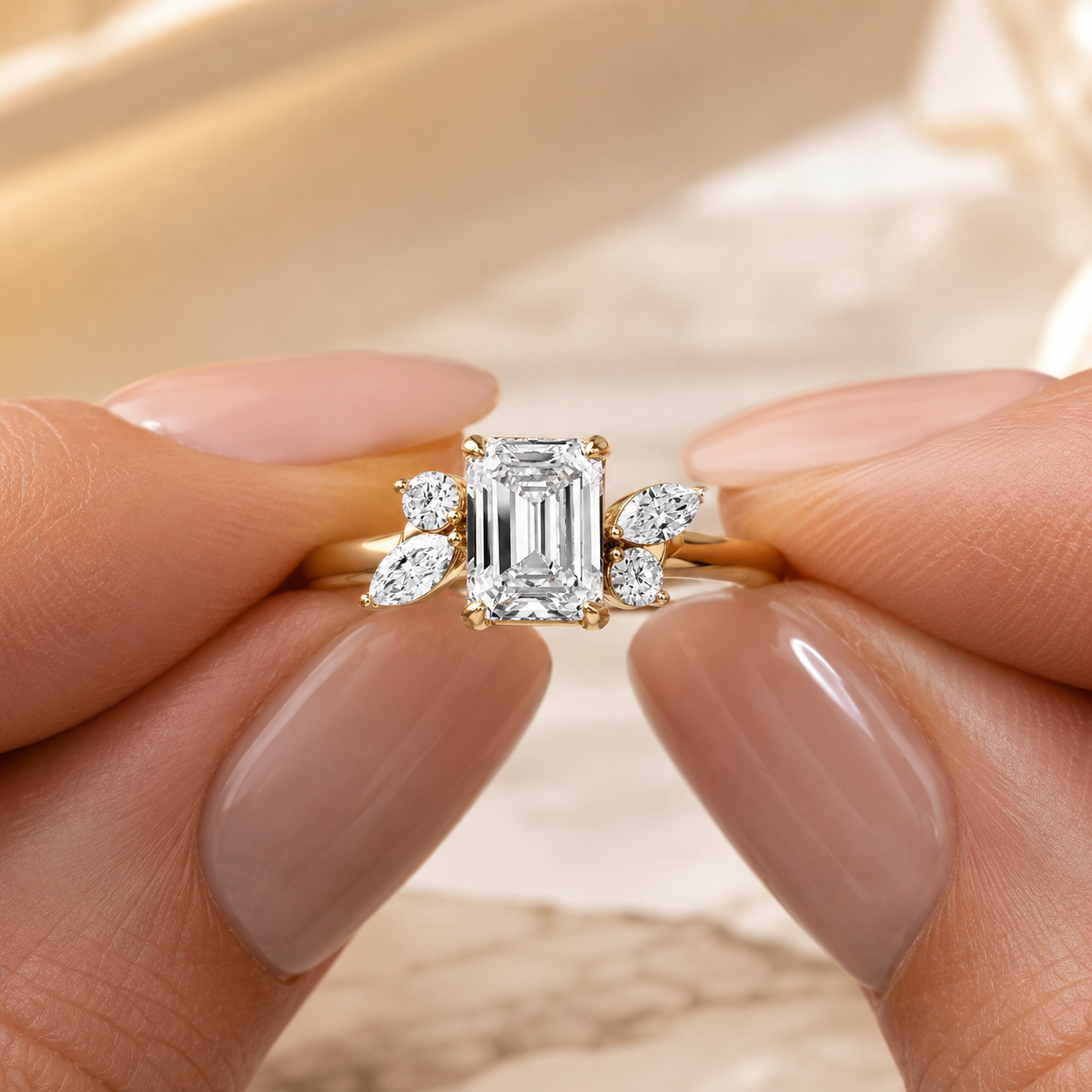 Emerald Cut Lab Grown Diamond Engagement Ring Floral Side Stone 14K Rose Gold IGI Certified 2 Carat E VVS2