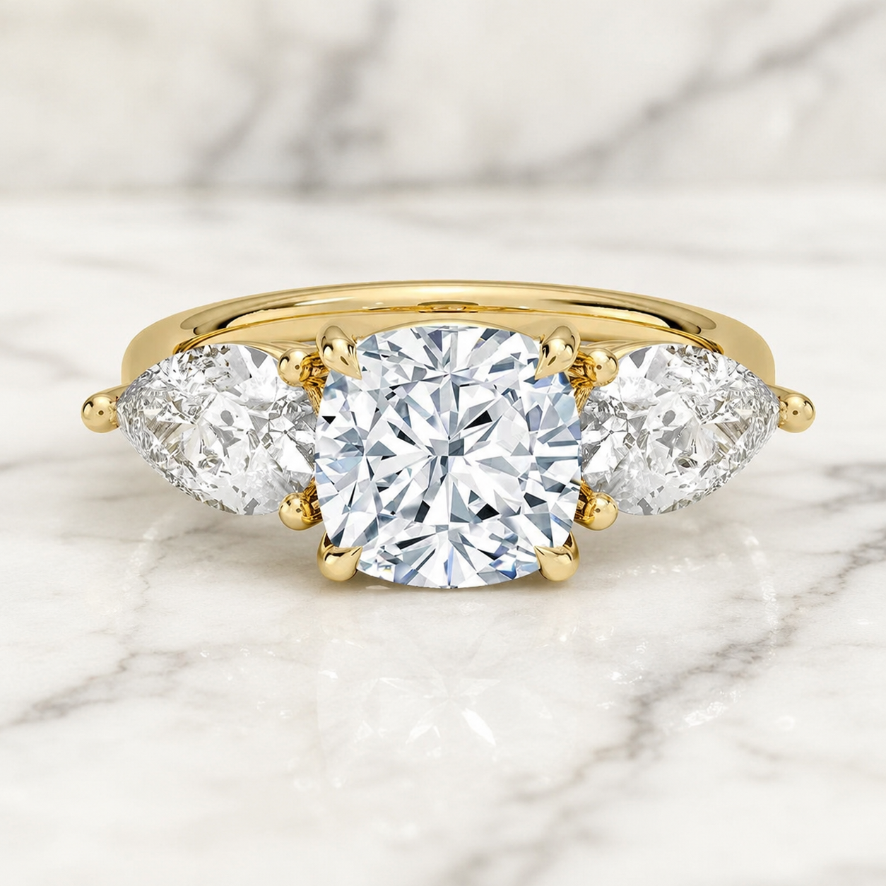 Cushion Lab Grown Diamond Engagement Ring Three Stone 14K Yellow Gold Pear Side Stones 1.3 Carat