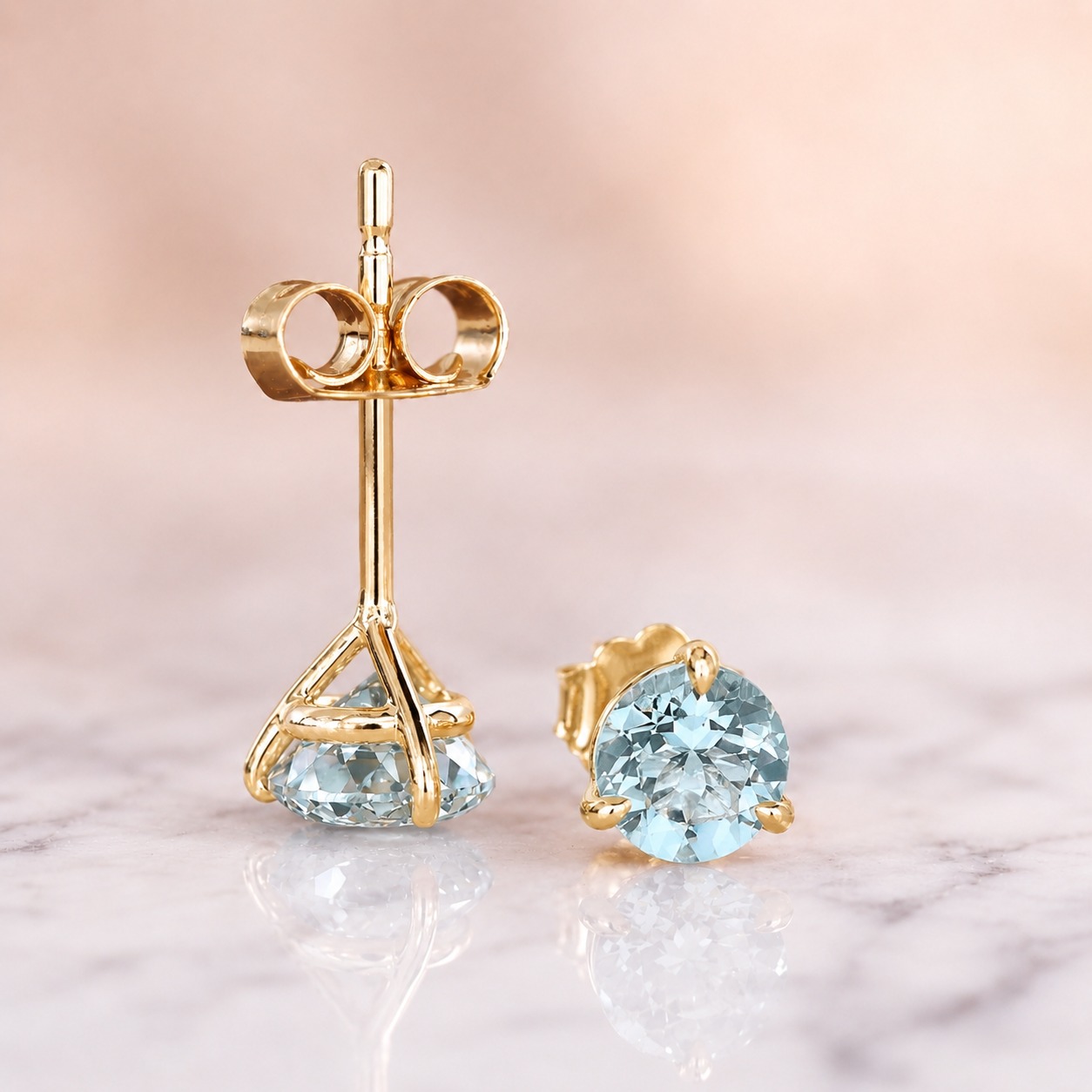 Round Aquamarine Stud Earrings – 3-Prong 14K Yellow Gold – 1.33 Cttw Push Back