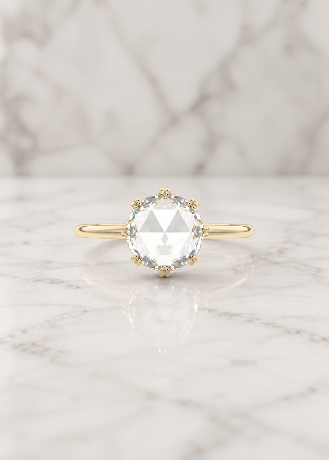 Round Rose Cut Lab Grown Diamond Engagement Ring Double Claw Prong 14K Rose Gold Vintage Solitaire