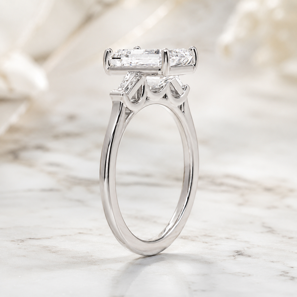 Emerald Cut Lab Grown Diamond Engagement Ring Three Stone Tapered Baguette 14K White Gold Four-Prong Bar-Set Setting