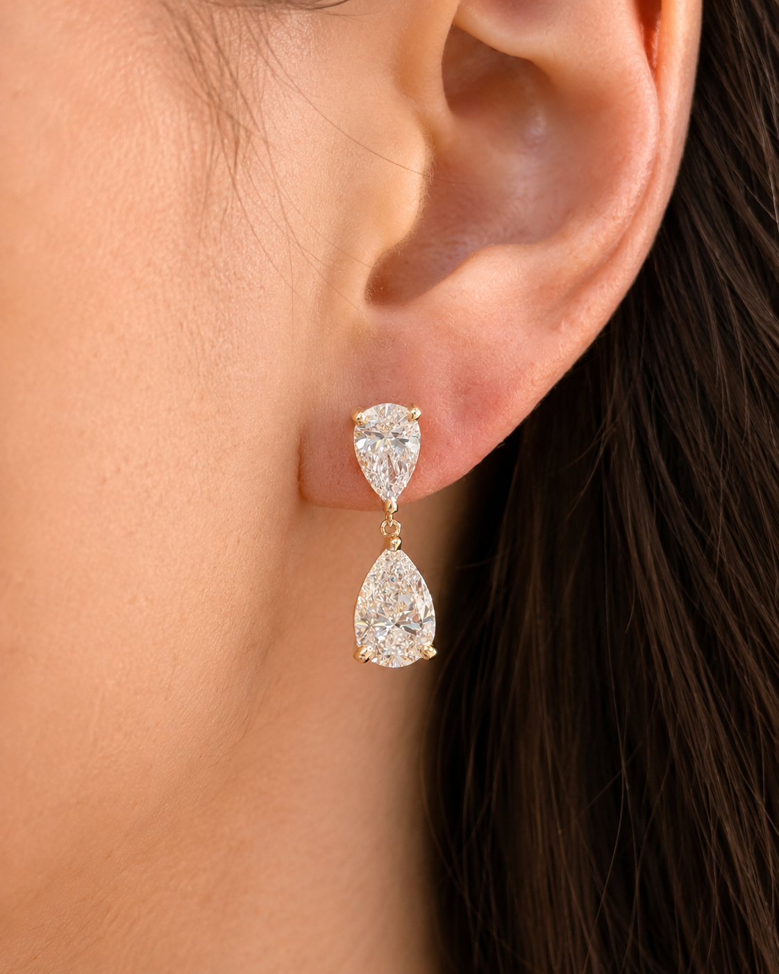 Pear Lab Grown Diamond Dangle Drop Earrings – Double Drop 14K Yellow Gold – IGI Certified E VVS2