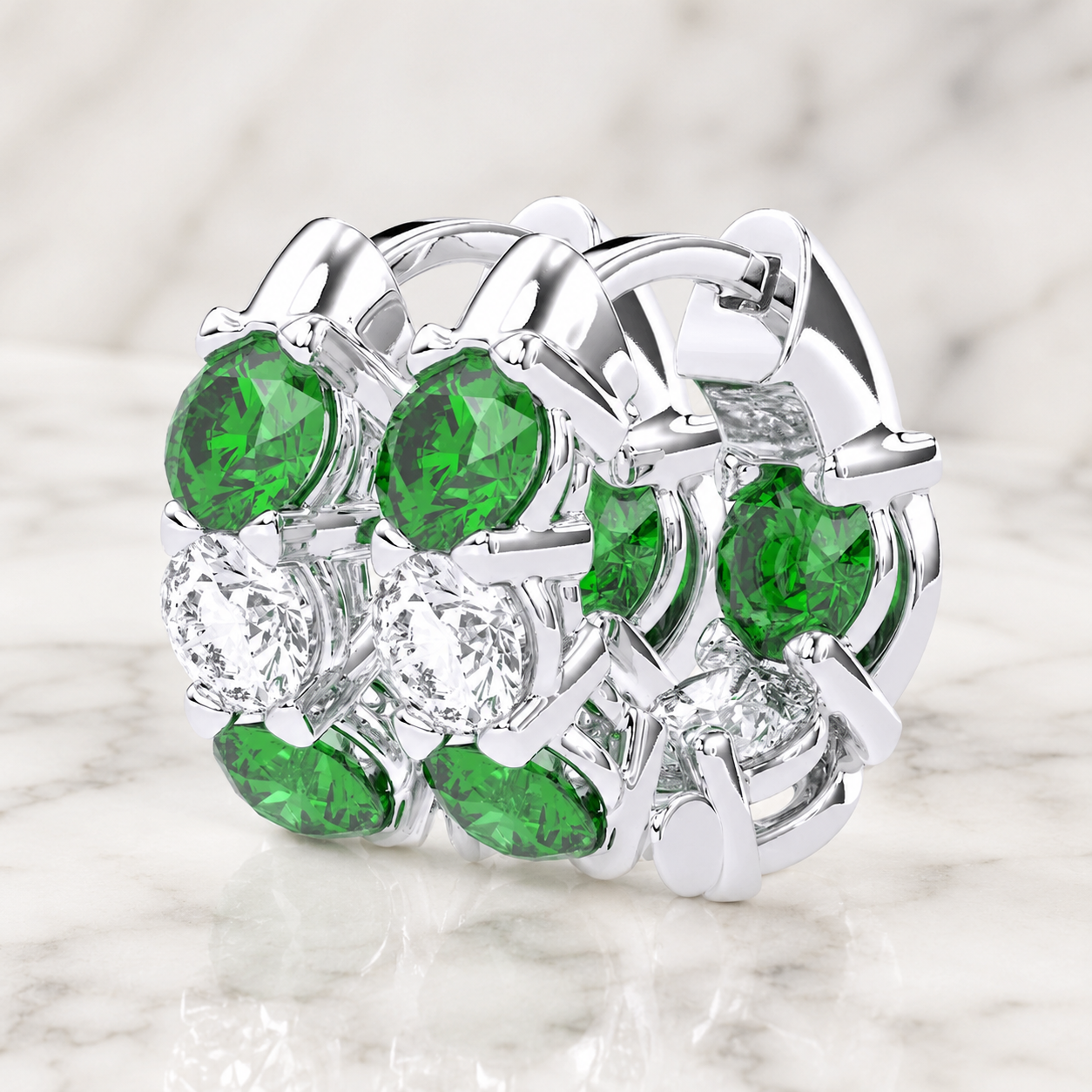 Round Lab Grown Diamond Huggie Hoop Earrings Created Emerald 14K White Gold IGI Certified 2ct