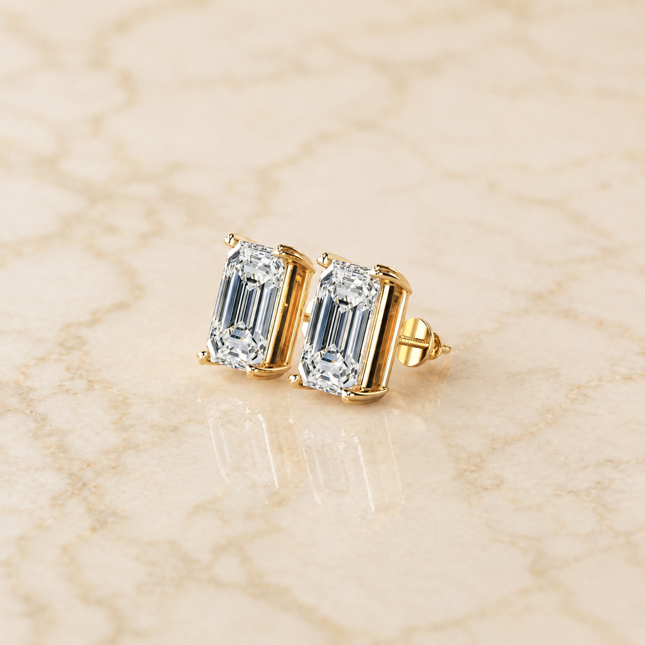 Emerald Cut Lab Grown Diamond Stud Earrings Four-Prong Solitaire 14K Yellow Gold IGI Certified 10ct