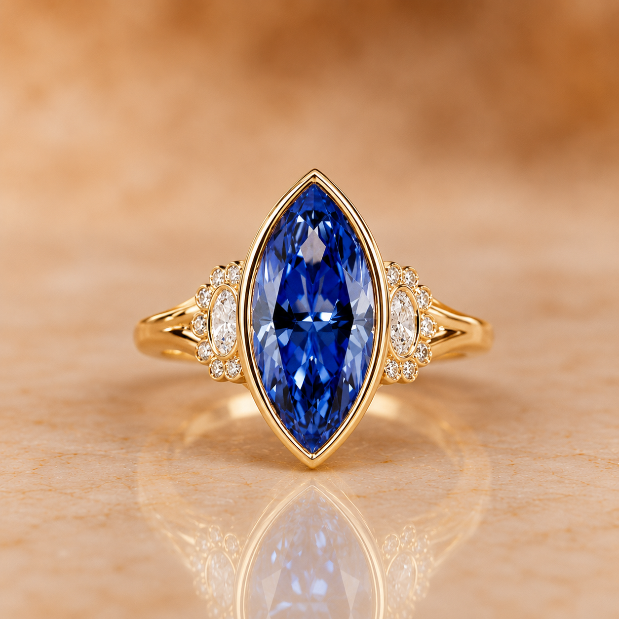 4Ct Marquise Lab Grown Blue Sapphire Ring Diamond Halo 14K Gold Bezel Set — alternate view