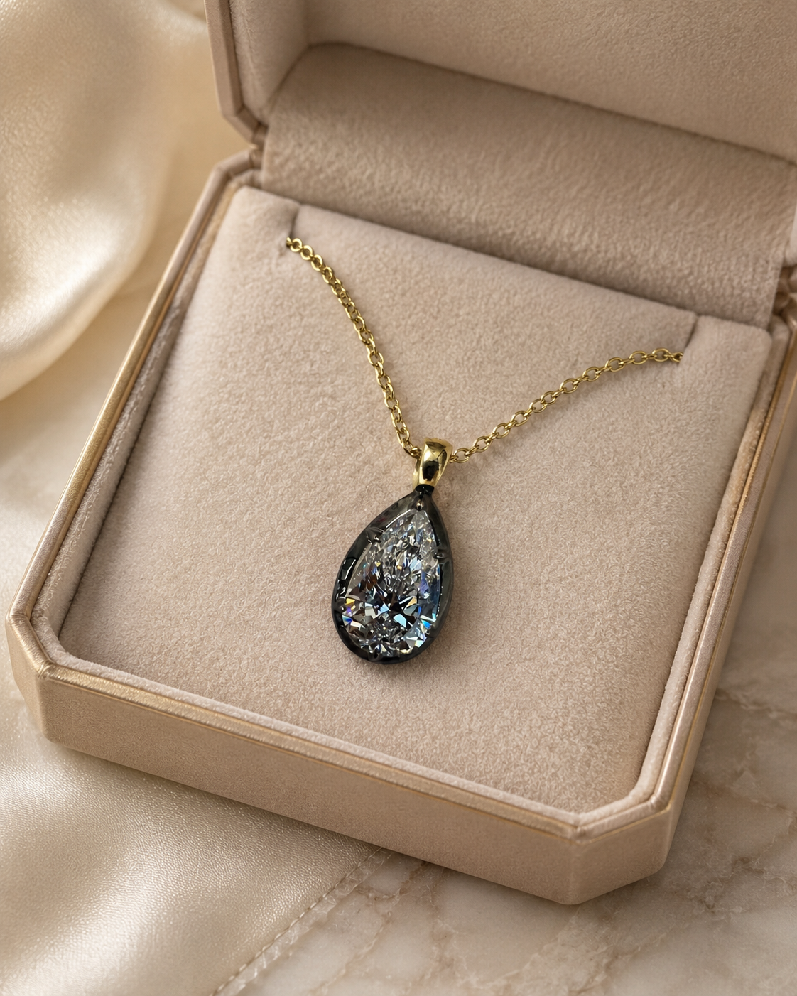 Pear Lab Grown Diamond Pendant Necklace Black Rhodium Bezel 14K Yellow Gold 4 Carat Charm