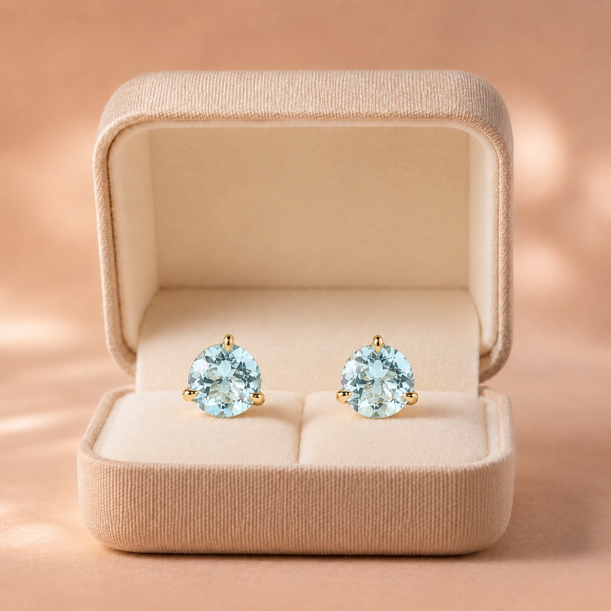 Round Aquamarine Stud Earrings – 3-Prong 14K Yellow Gold – 1.33 Cttw Push Back